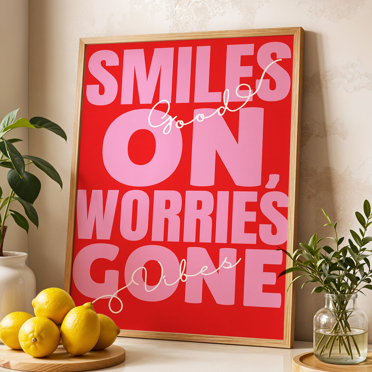 Smiles On, Worries Gone, red, pink, white minimalist wall art displayed in a styled interior, gallery view 4