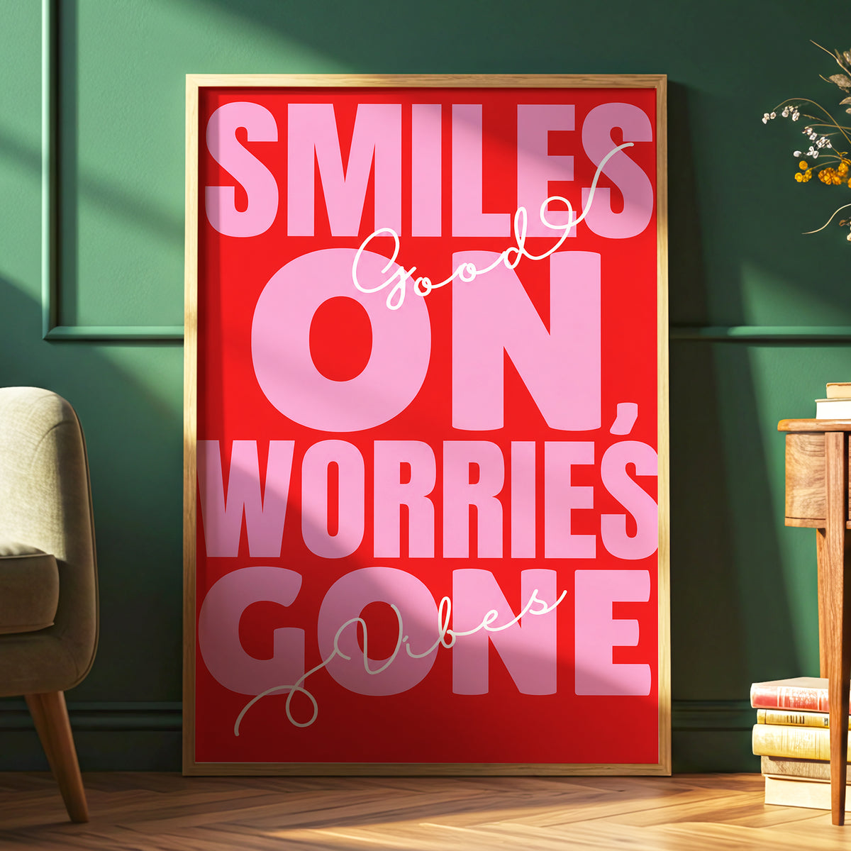 Smiles On, Worries Gone, red, pink, white minimalist wall art displayed in a styled interior, gallery view 6