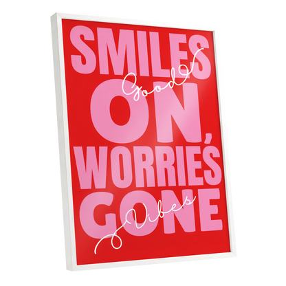 Smiles On, Worries Gone, red, pink, white minimalist wall art shown as a white framed poster wall art print