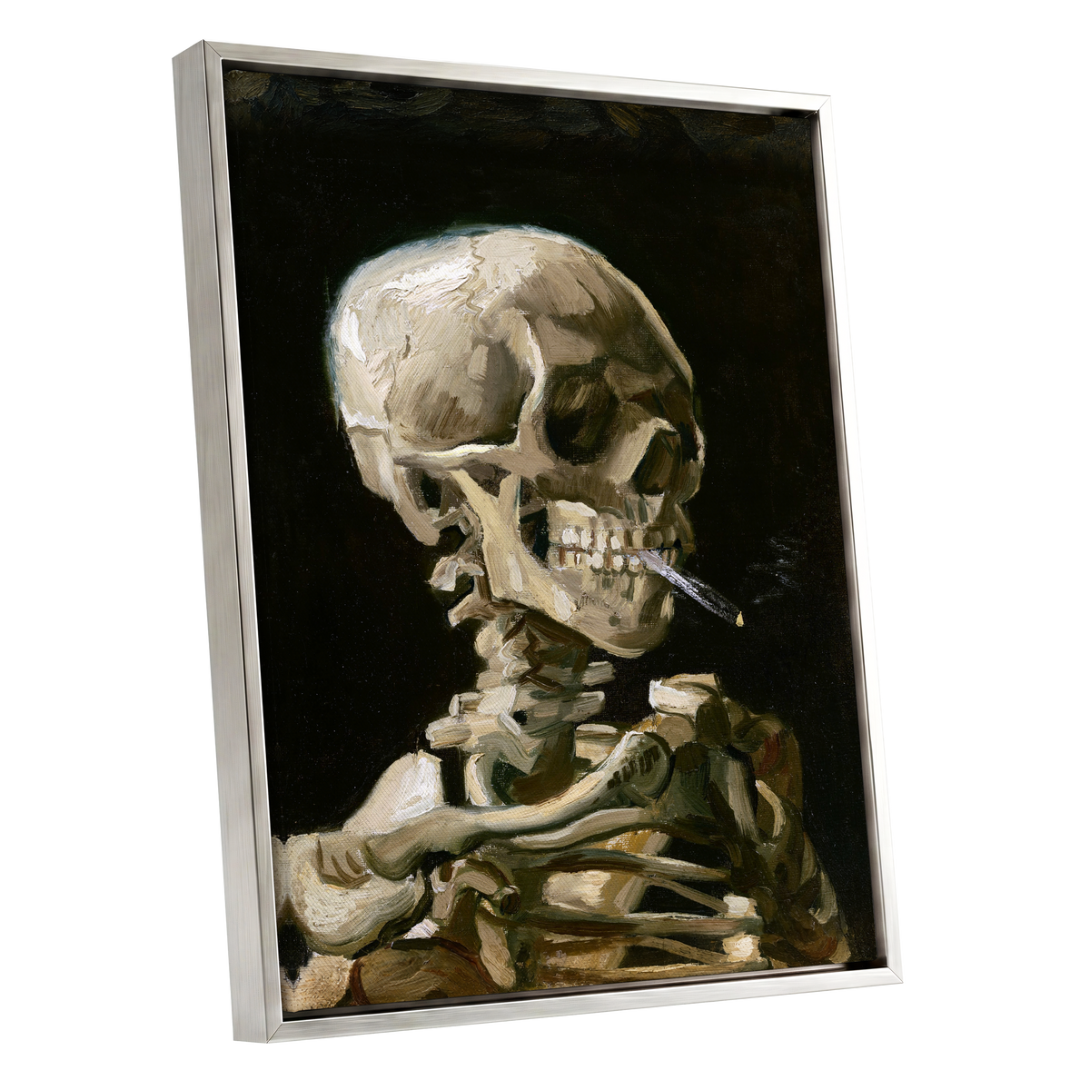 Smoke and Bone, black, beige, brown abstract wall art shown as a silver framed canvas wall art