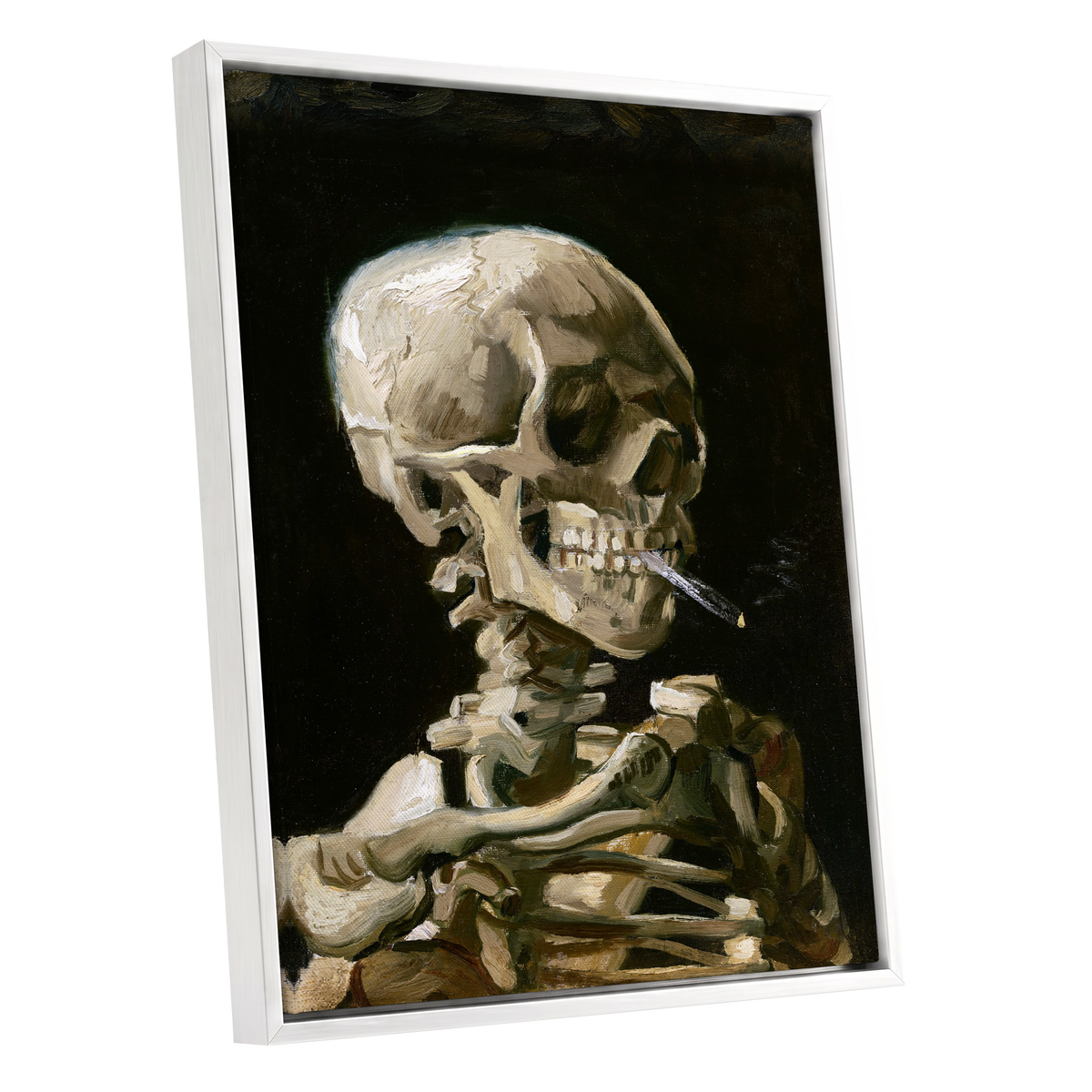 Smoke and Bone, black, beige, brown abstract wall art shown as a white framed canvas wall art