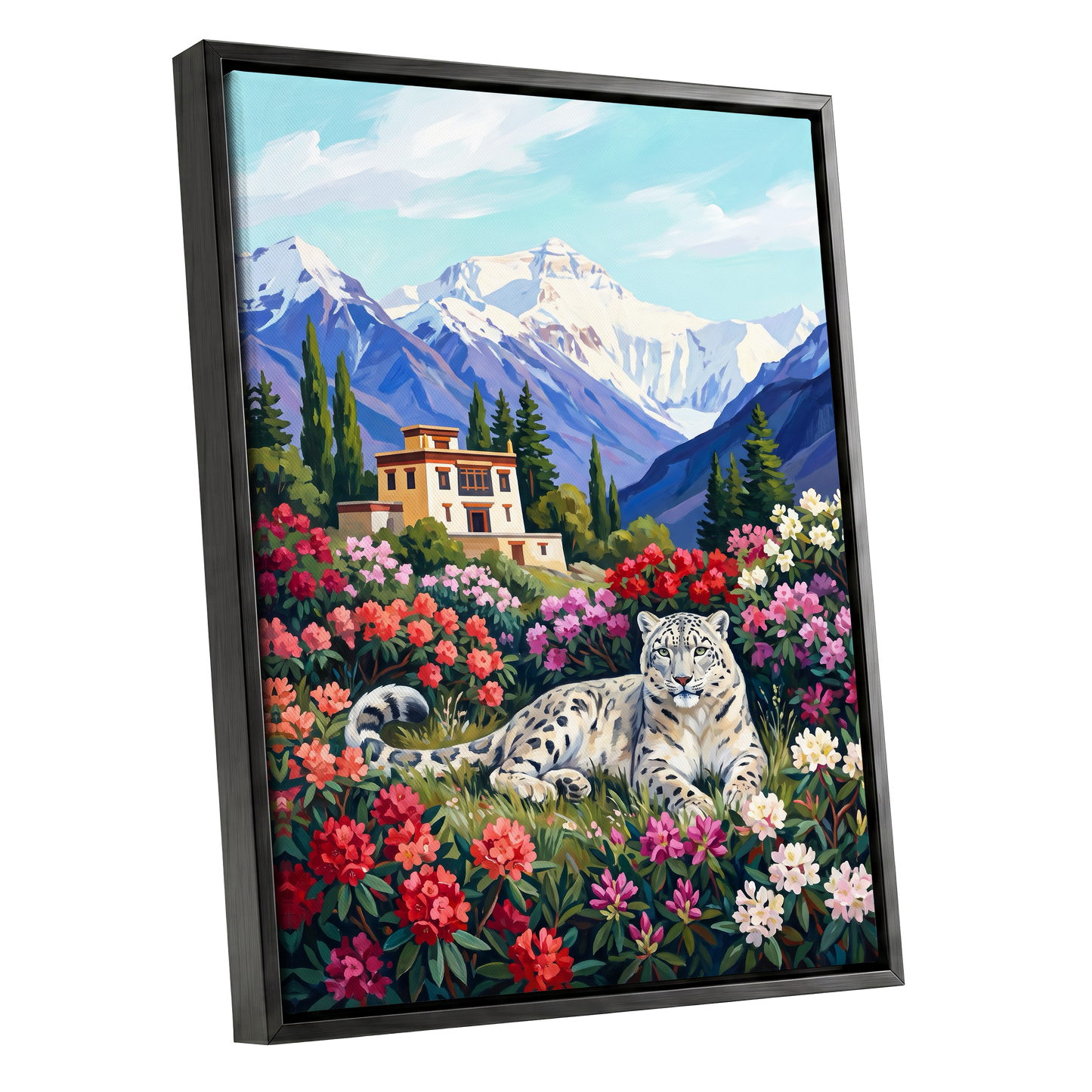 Snow Leopard Sanctuary, blue, green, white nature wall art shown as a black framed canvas wall art