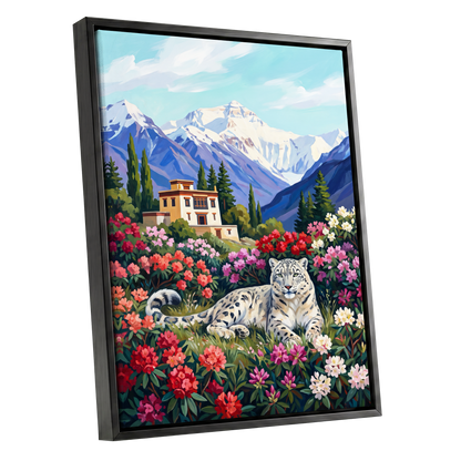 Snow Leopard Sanctuary, blue, green, white nature wall art shown as a black framed canvas wall art