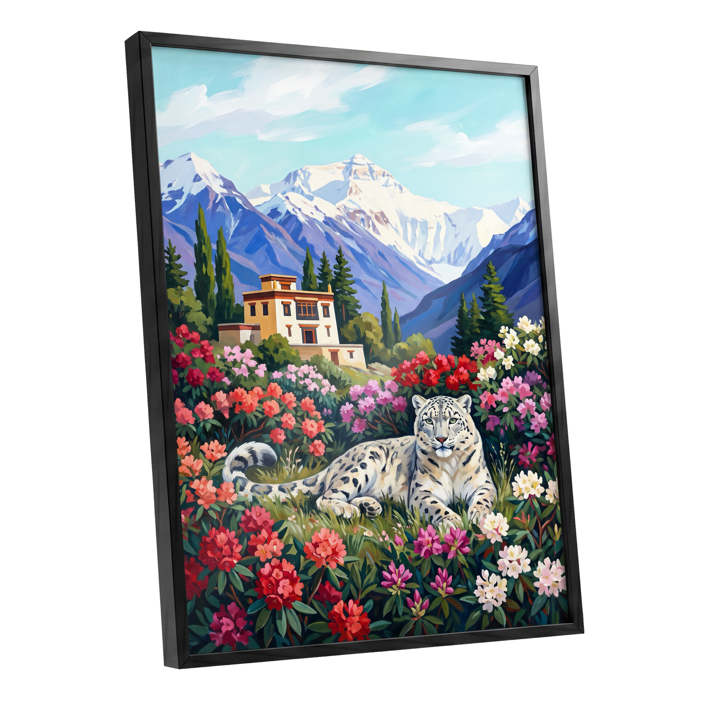 Snow Leopard Sanctuary, blue, green, white nature wall art shown as a black framed poster wall art print
