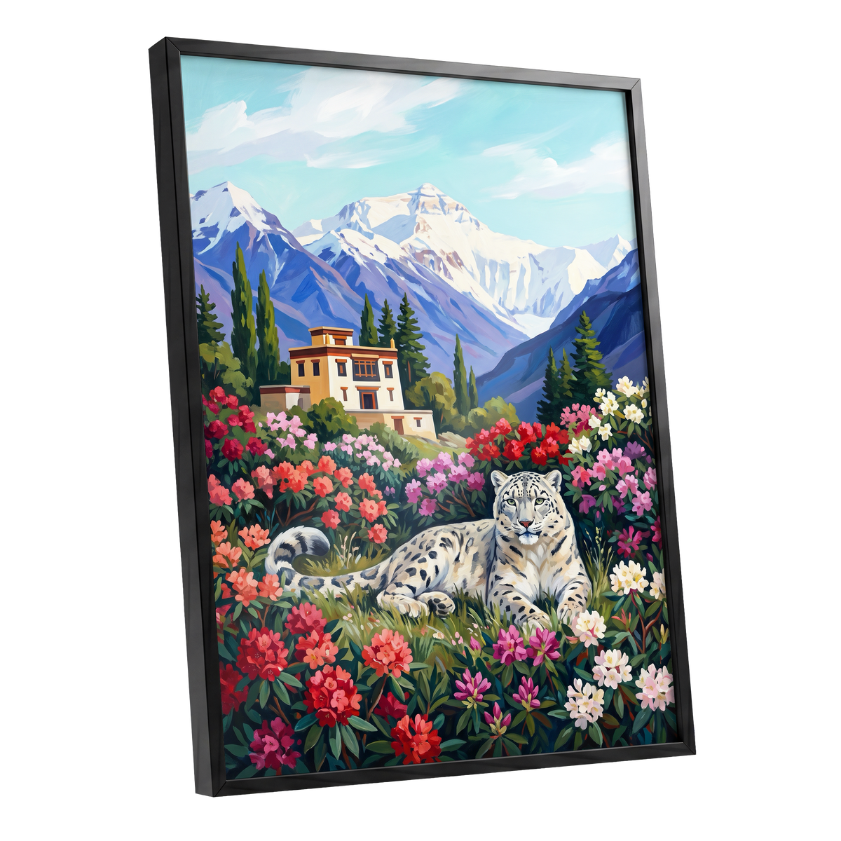 Snow Leopard Sanctuary, blue, green, white nature wall art shown as a black framed poster wall art print
