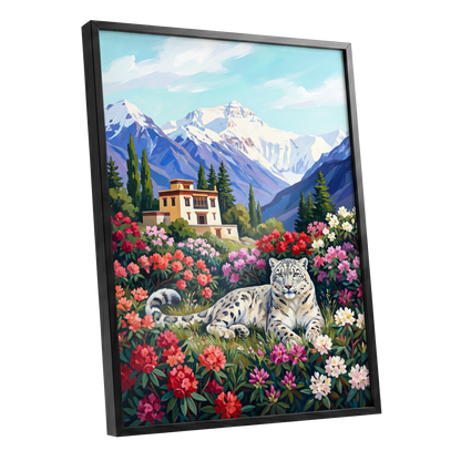 Snow Leopard Sanctuary, blue, green, white nature wall art shown as a black framed poster wall art print