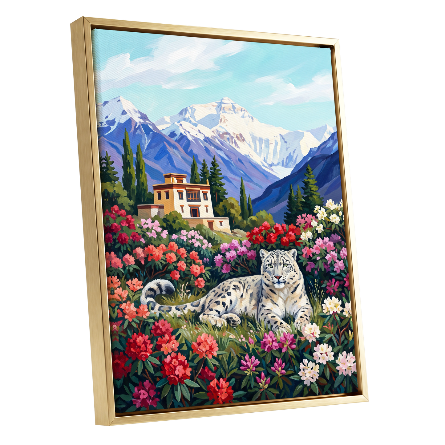 Snow Leopard Sanctuary, blue, green, white nature wall art shown as a gold framed canvas wall art