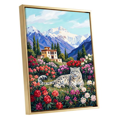 Snow Leopard Sanctuary, blue, green, white nature wall art shown as a gold framed canvas wall art