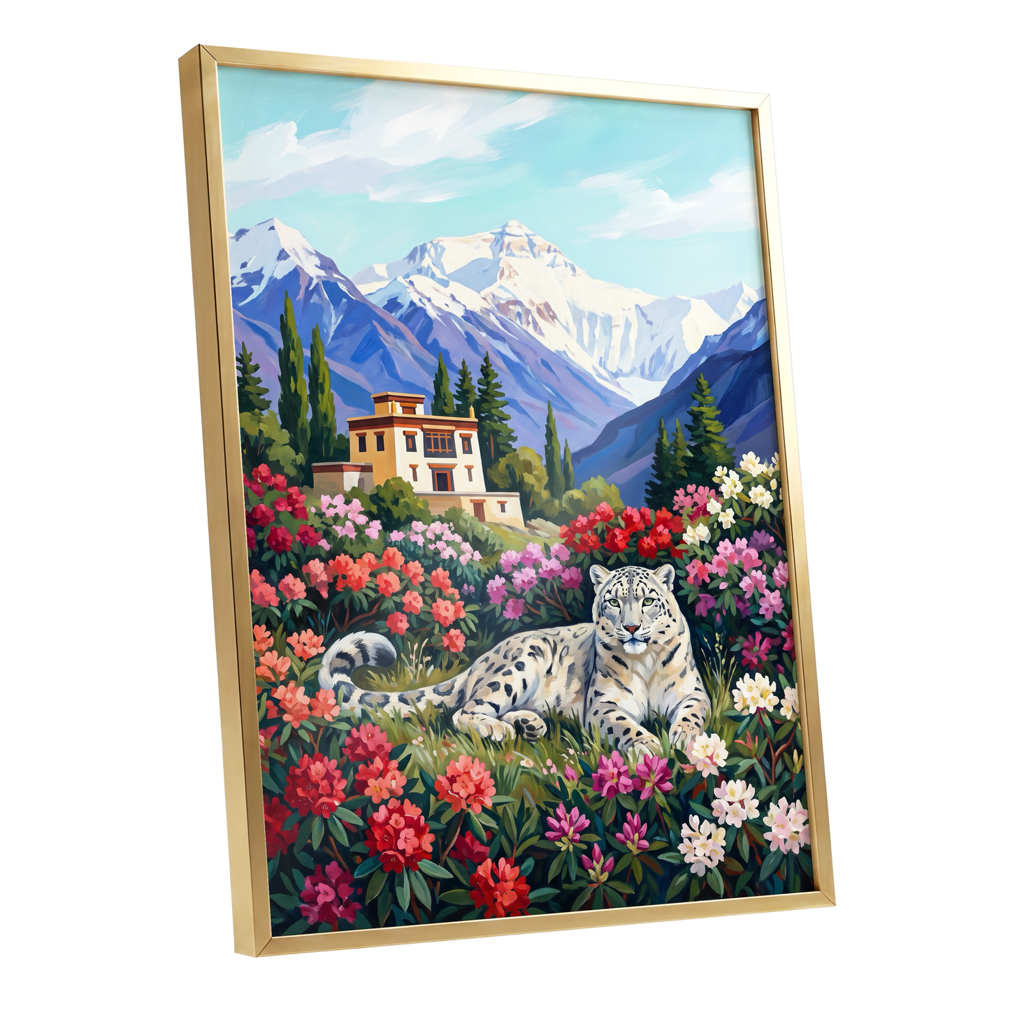 Snow Leopard Sanctuary, blue, green, white nature wall art shown as a gold framed poster wall art print