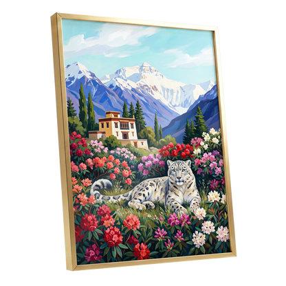 Snow Leopard Sanctuary, blue, green, white nature wall art shown as a gold framed poster wall art print