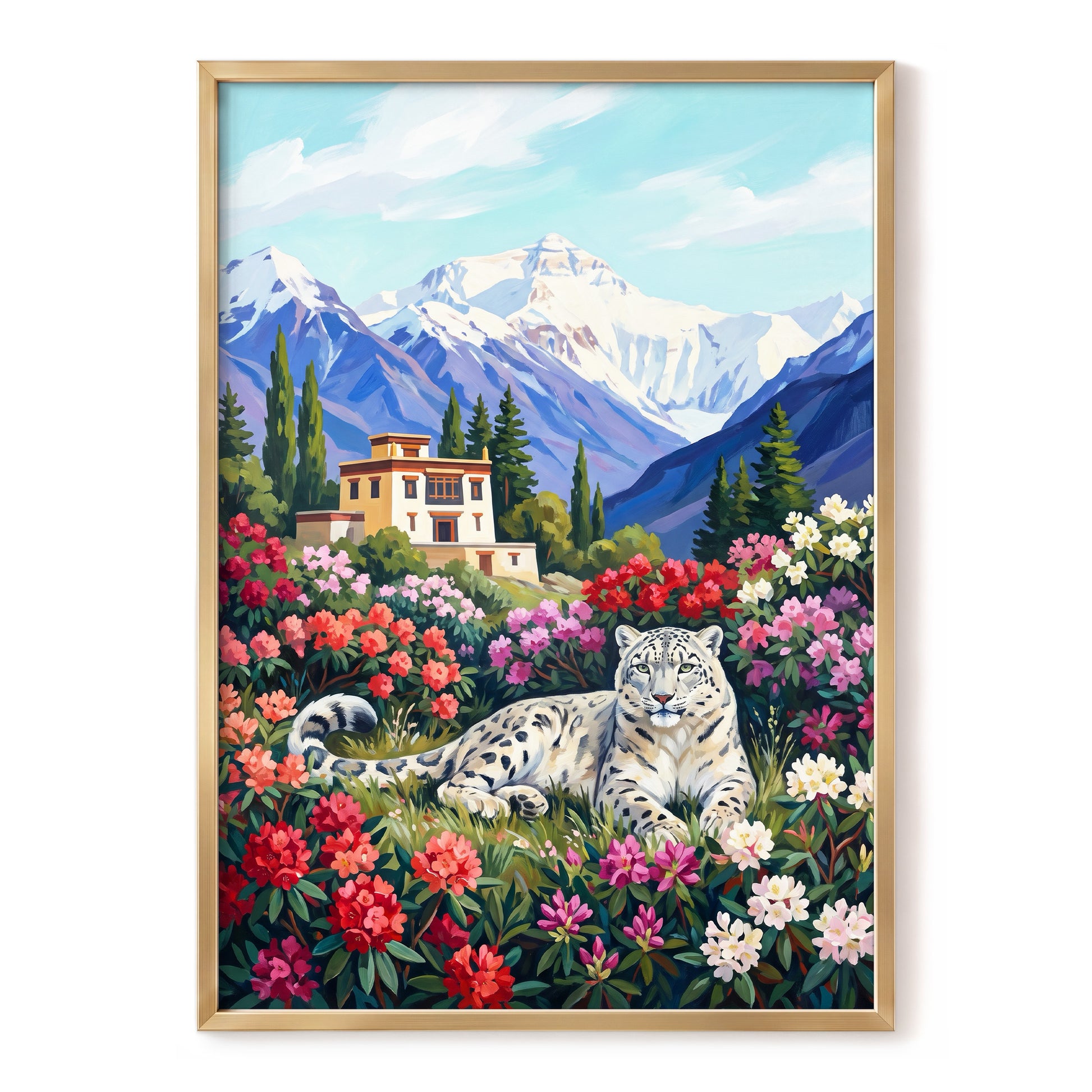 Snow Leopard Sanctuary, blue, green, white nature wall art, front artwork view