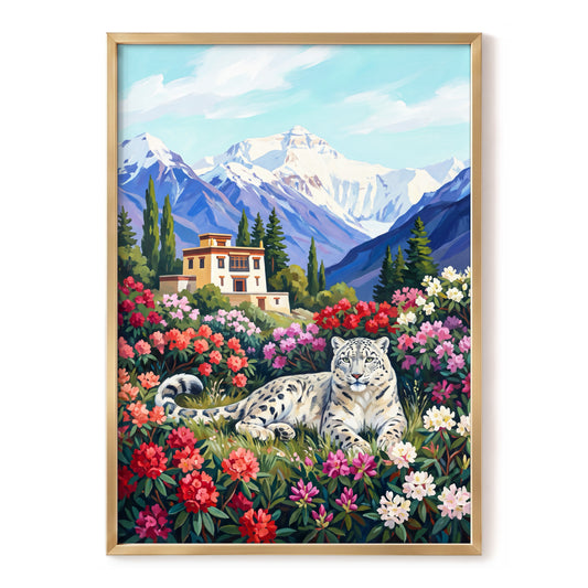 Snow Leopard Sanctuary, blue, green, white nature wall art, front artwork view