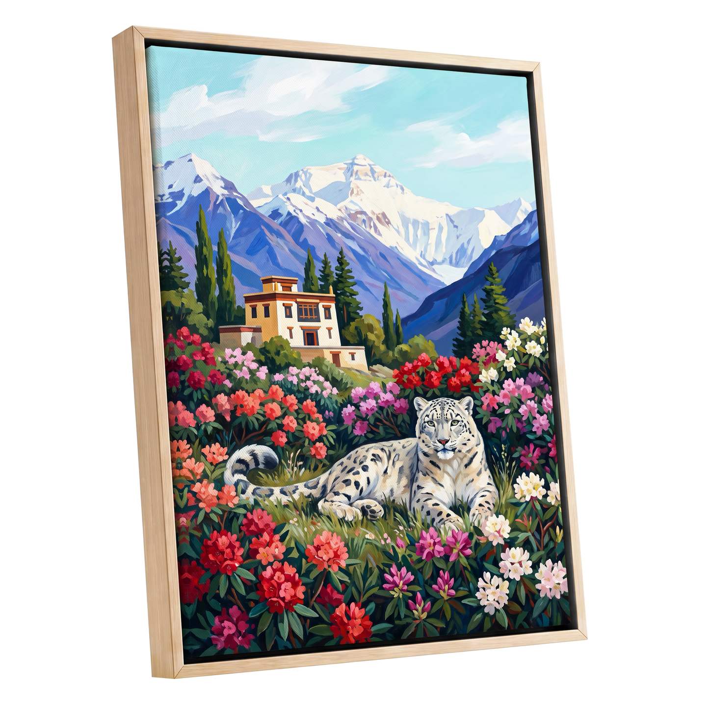 Snow Leopard Sanctuary, blue, green, white nature wall art shown as a oak framed canvas wall art