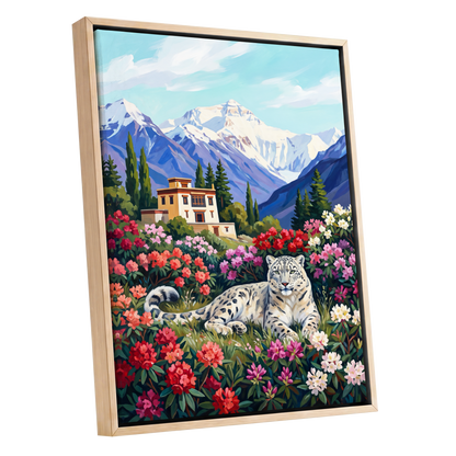 Snow Leopard Sanctuary, blue, green, white nature wall art shown as a oak framed canvas wall art