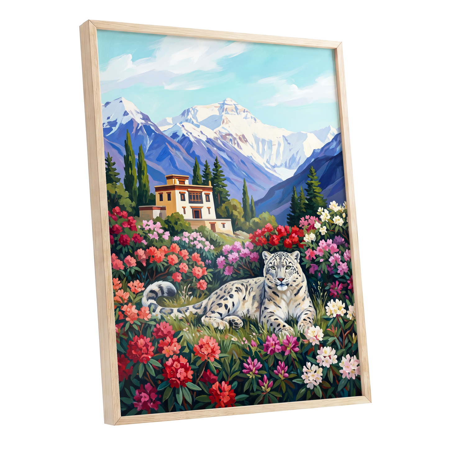 Snow Leopard Sanctuary, blue, green, white nature wall art shown as a oak framed poster wall art print
