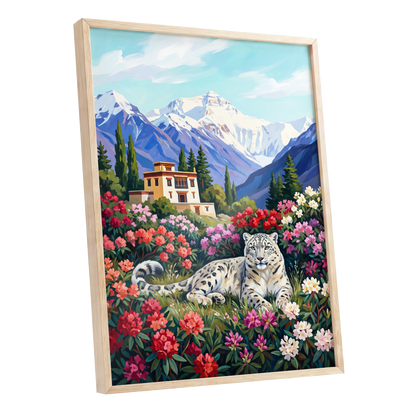 Snow Leopard Sanctuary, blue, green, white nature wall art shown as a oak framed poster wall art print