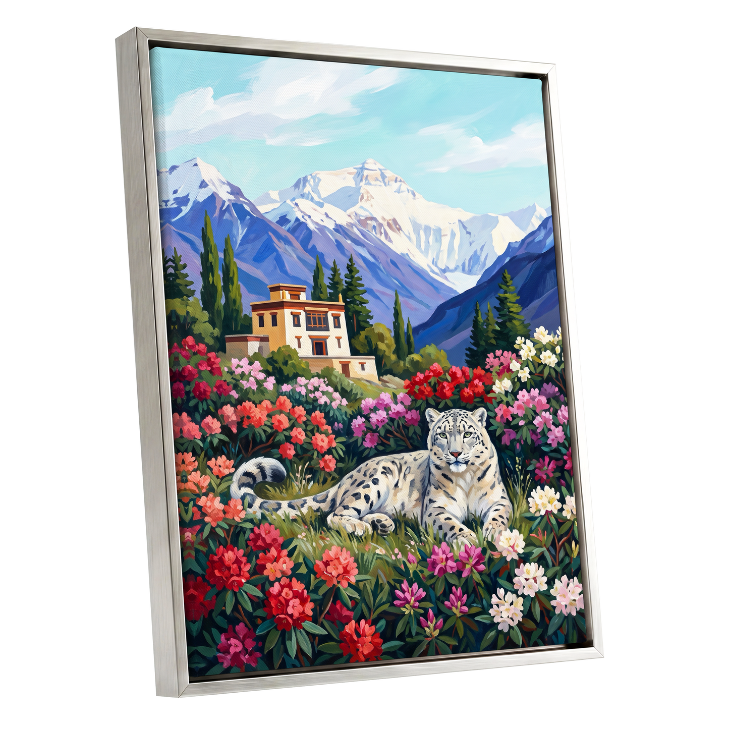 Snow Leopard Sanctuary, blue, green, white nature wall art shown as a silver framed canvas wall art