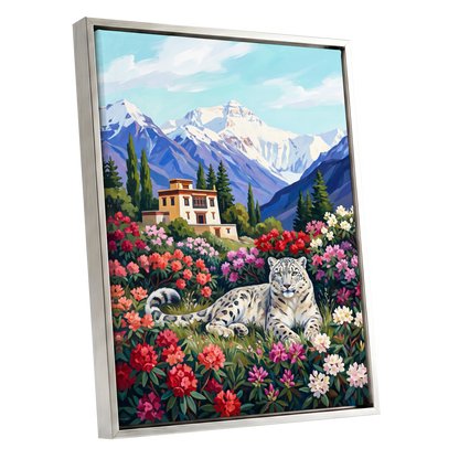 Snow Leopard Sanctuary, blue, green, white nature wall art shown as a silver framed canvas wall art