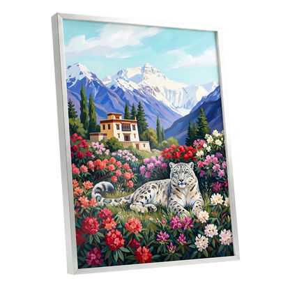 Snow Leopard Sanctuary, blue, green, white nature wall art shown as a silver framed poster wall art print