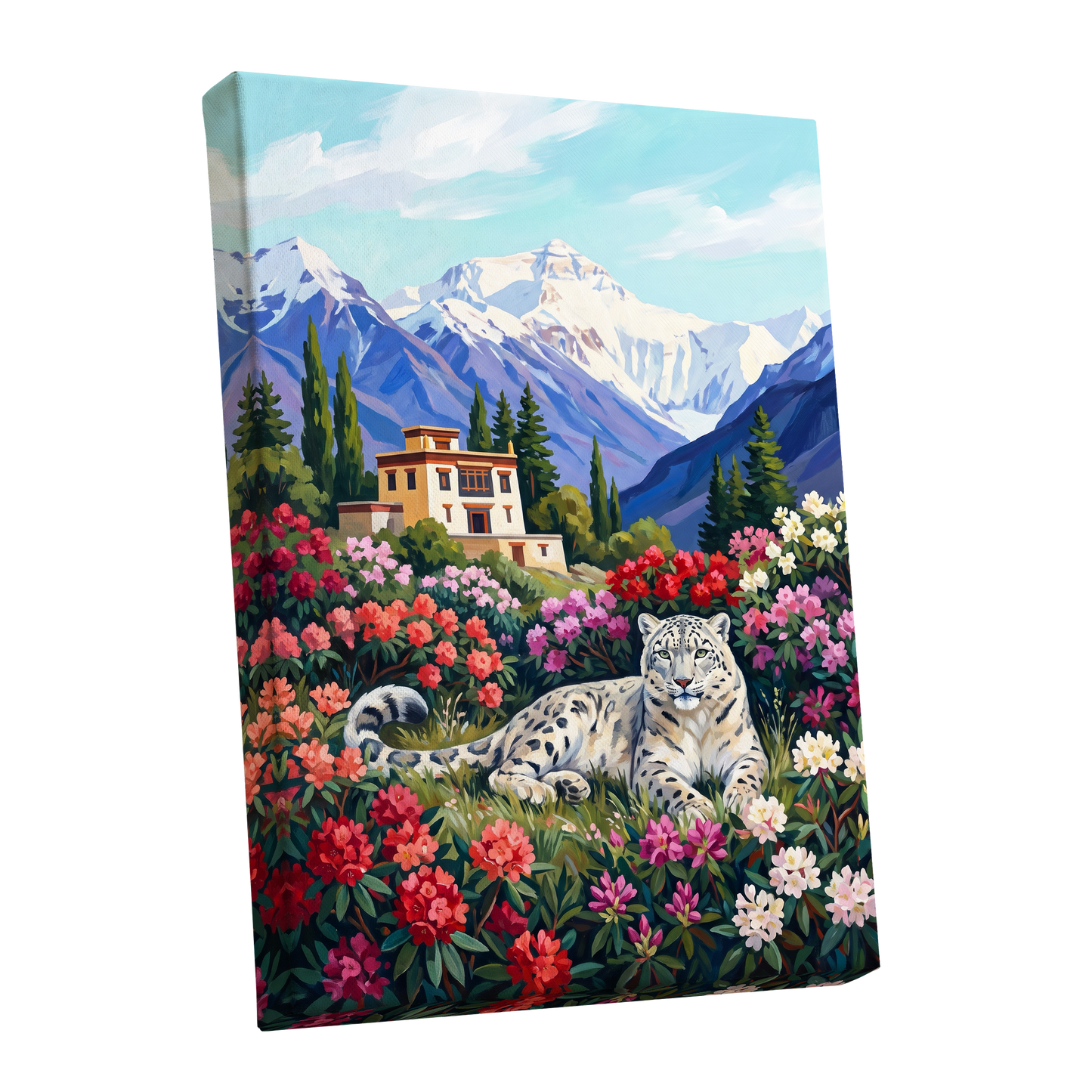 Snow Leopard Sanctuary, blue, green, white nature wall art shown as a stretched canvas wall art