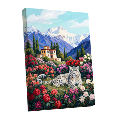 Snow Leopard Sanctuary, blue, green, white nature wall art shown as a stretched canvas wall art
