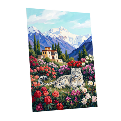 Snow Leopard Sanctuary, blue, green, white nature wall art shown as a unframed poster wall art print