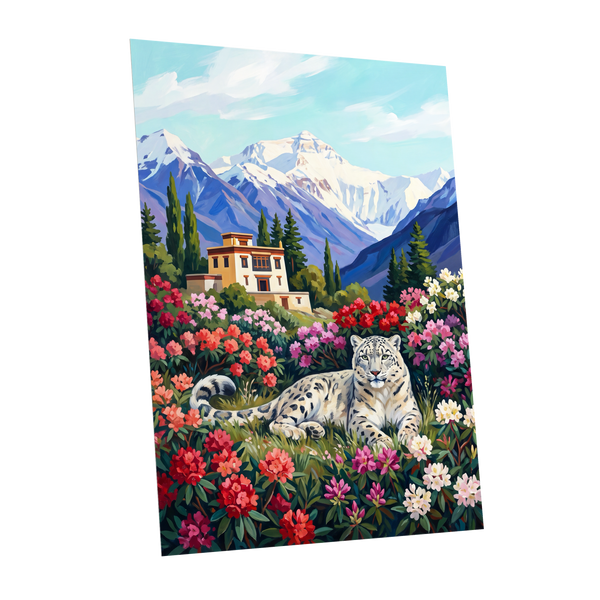 Snow Leopard Sanctuary, blue, green, white nature wall art shown as a unframed poster wall art print