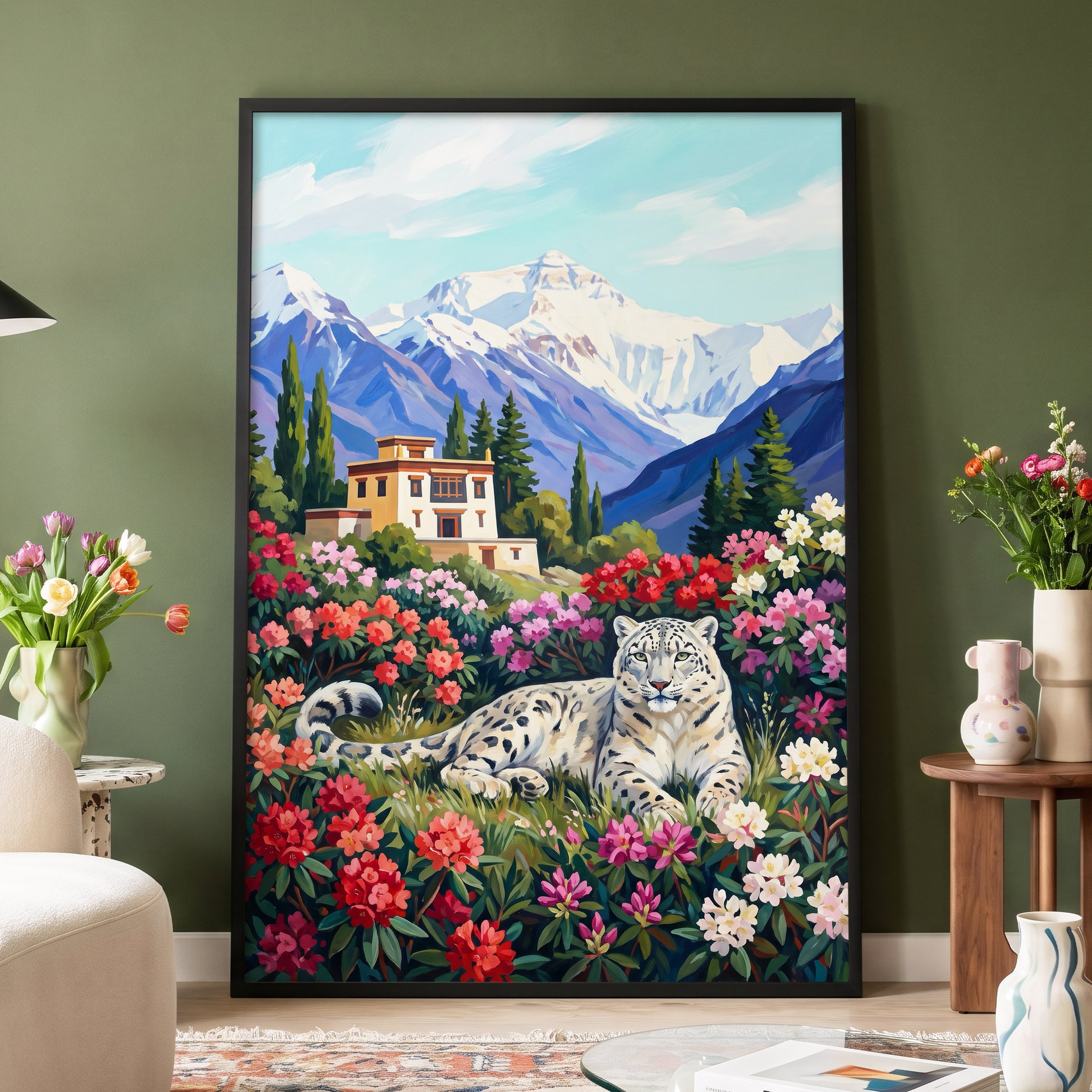 Snow Leopard Sanctuary, blue, green, white nature wall art displayed in a styled interior, gallery view 2
