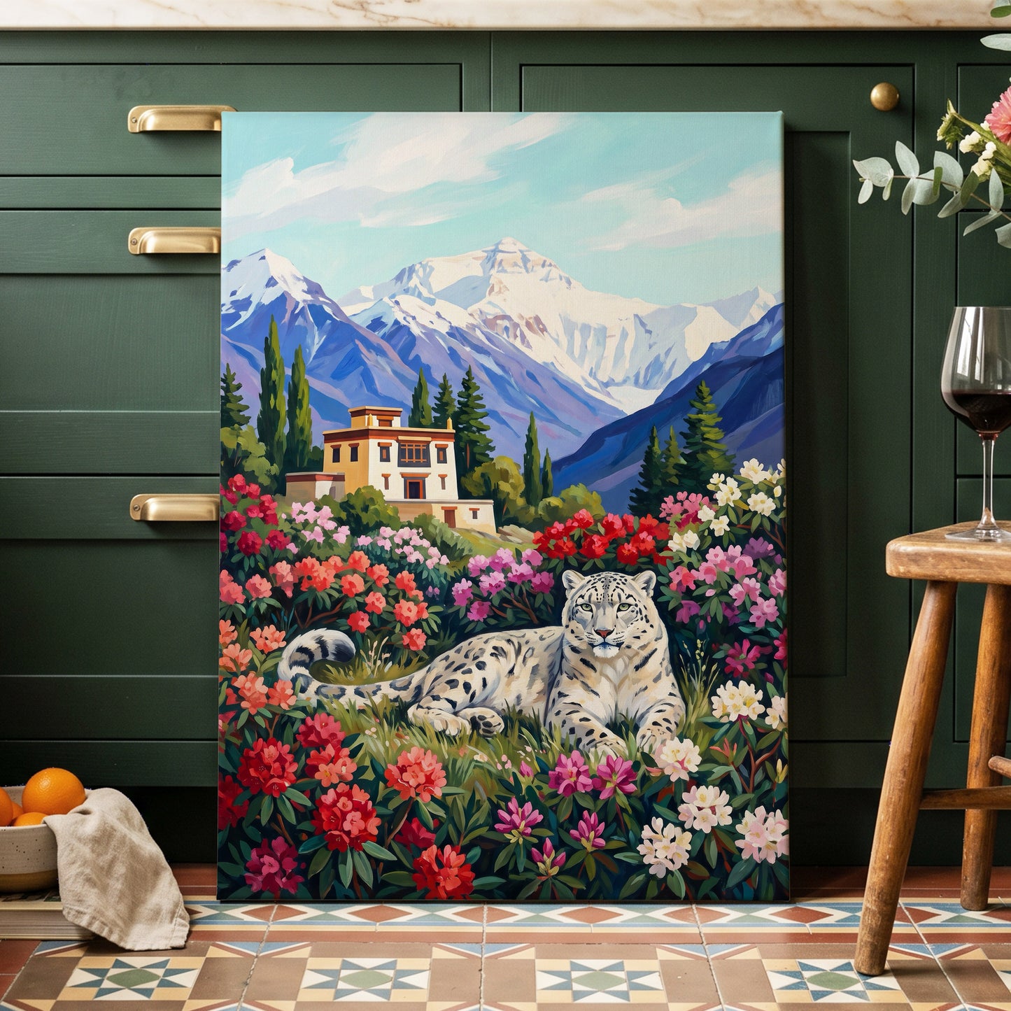 Snow Leopard Sanctuary, blue, green, white nature wall art displayed in a styled interior, gallery view 3