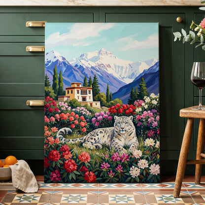 Snow Leopard Sanctuary, blue, green, white nature wall art displayed in a styled interior, gallery view 3