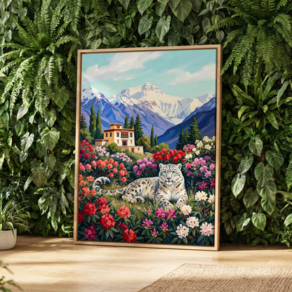 Snow Leopard Sanctuary, blue, green, white nature wall art displayed in a styled interior, gallery view 4