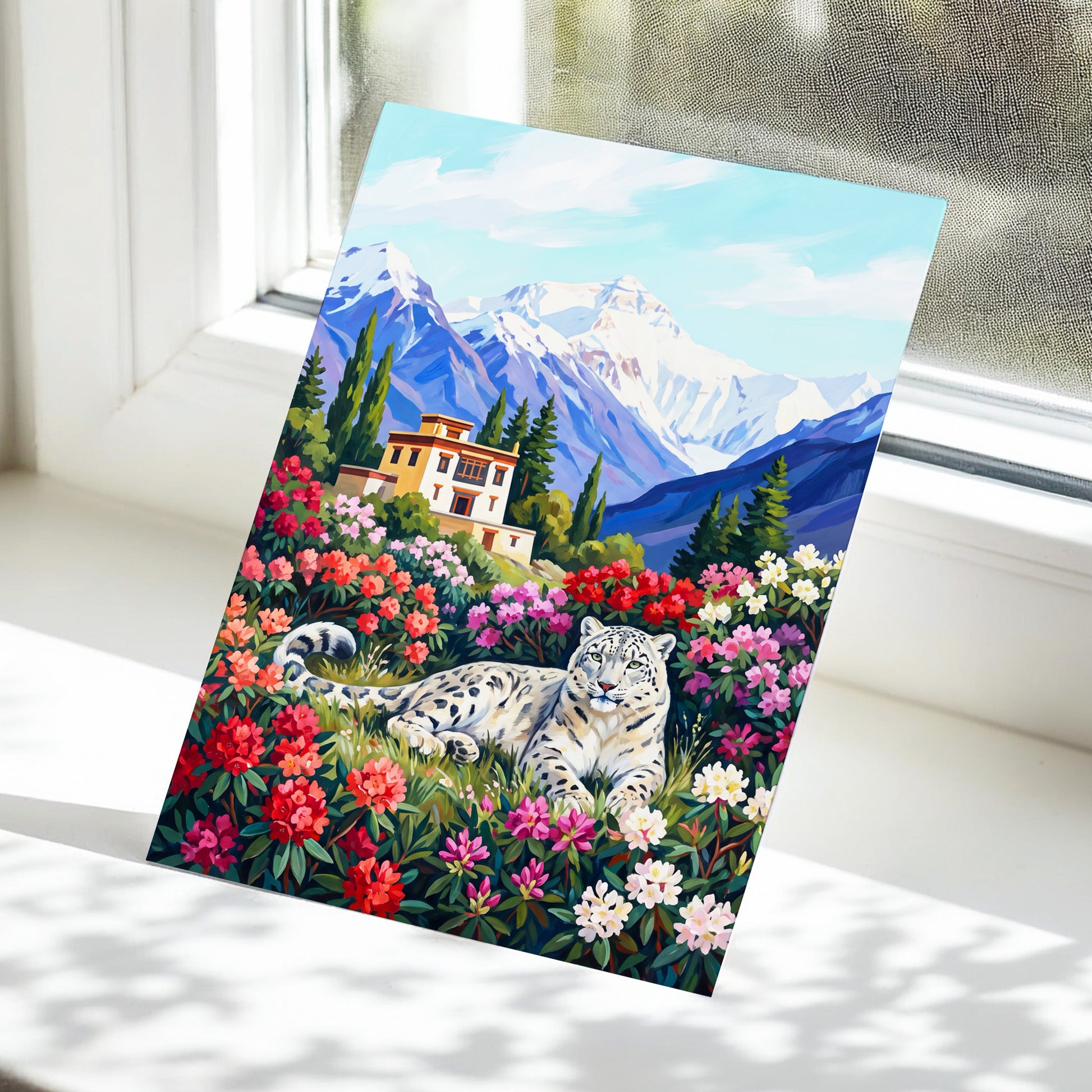 Snow Leopard Sanctuary, blue, green, white nature wall art displayed in a styled interior, gallery view 5