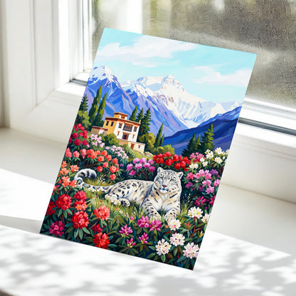 Snow Leopard Sanctuary, blue, green, white nature wall art displayed in a styled interior, gallery view 5