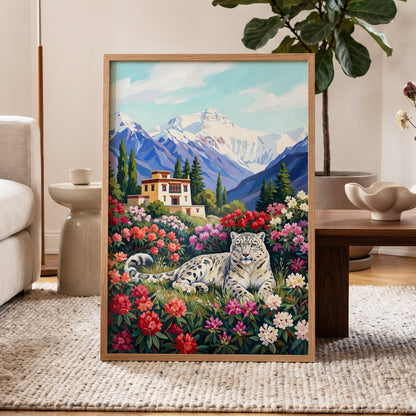 Snow Leopard Sanctuary, blue, green, white nature wall art displayed in a styled interior, gallery view 6