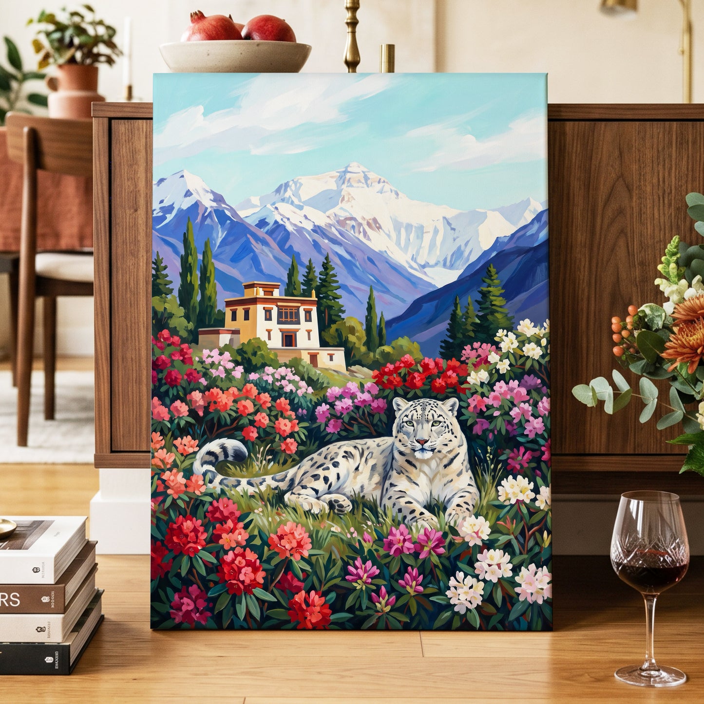 Snow Leopard Sanctuary, blue, green, white nature wall art displayed in a styled interior, gallery view 7