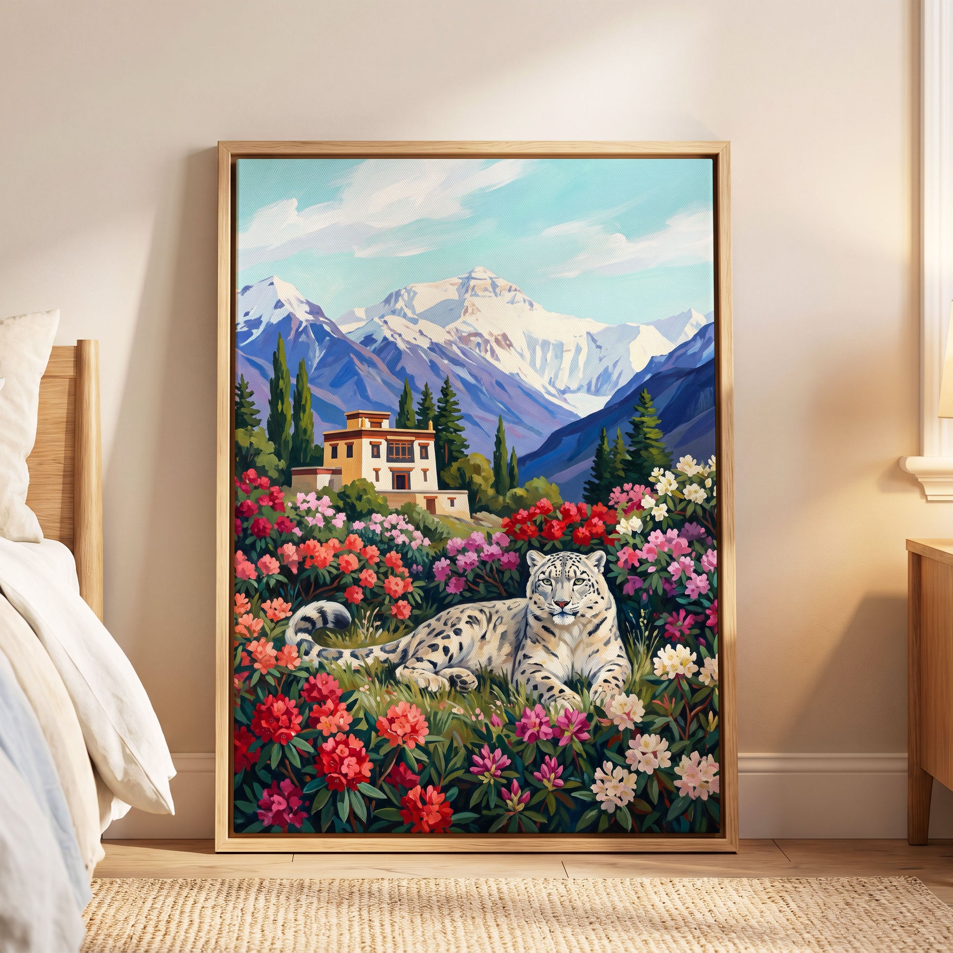 Snow Leopard Sanctuary, blue, green, white nature wall art displayed in a styled interior, gallery view 8