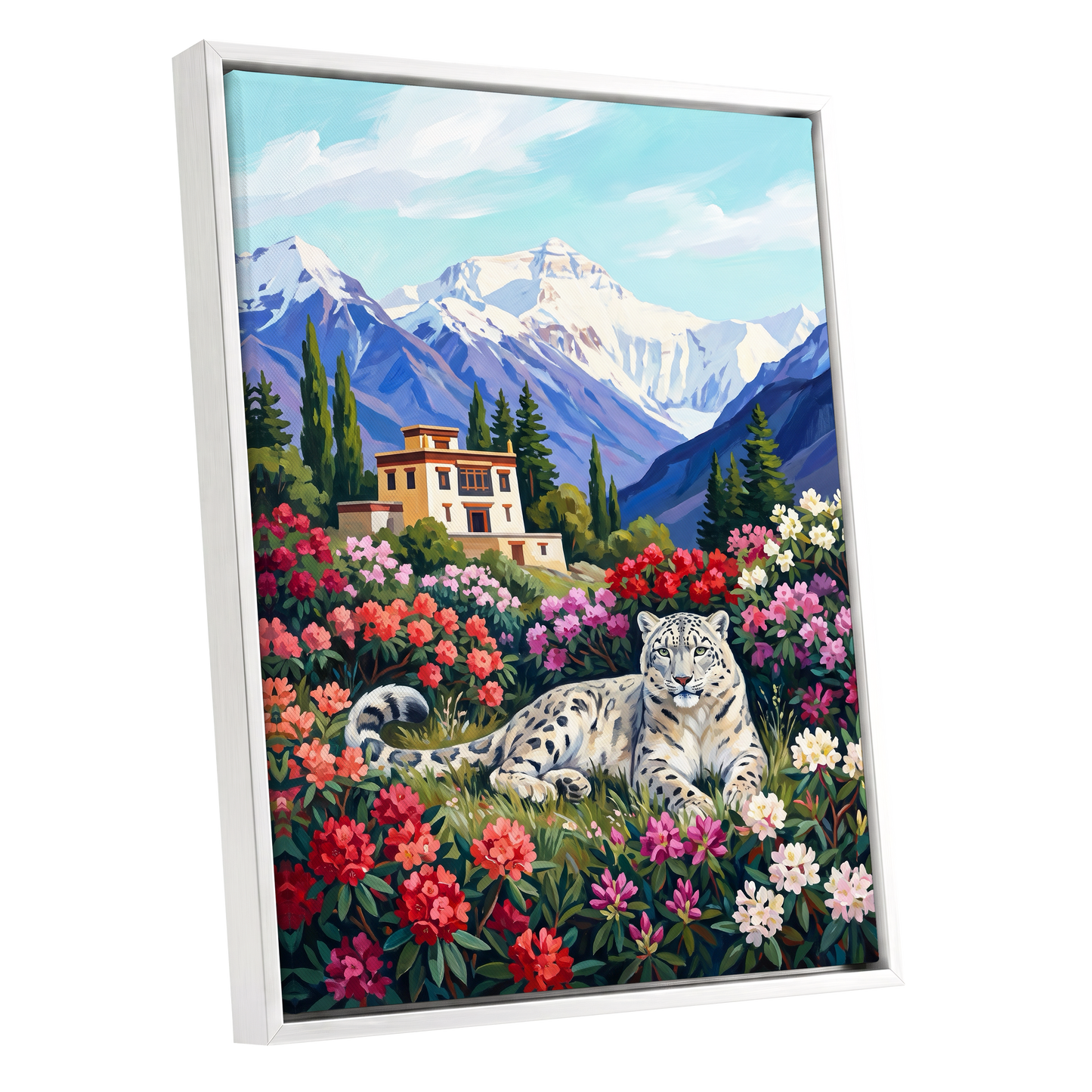 Snow Leopard Sanctuary, blue, green, white nature wall art shown as a white framed canvas wall art