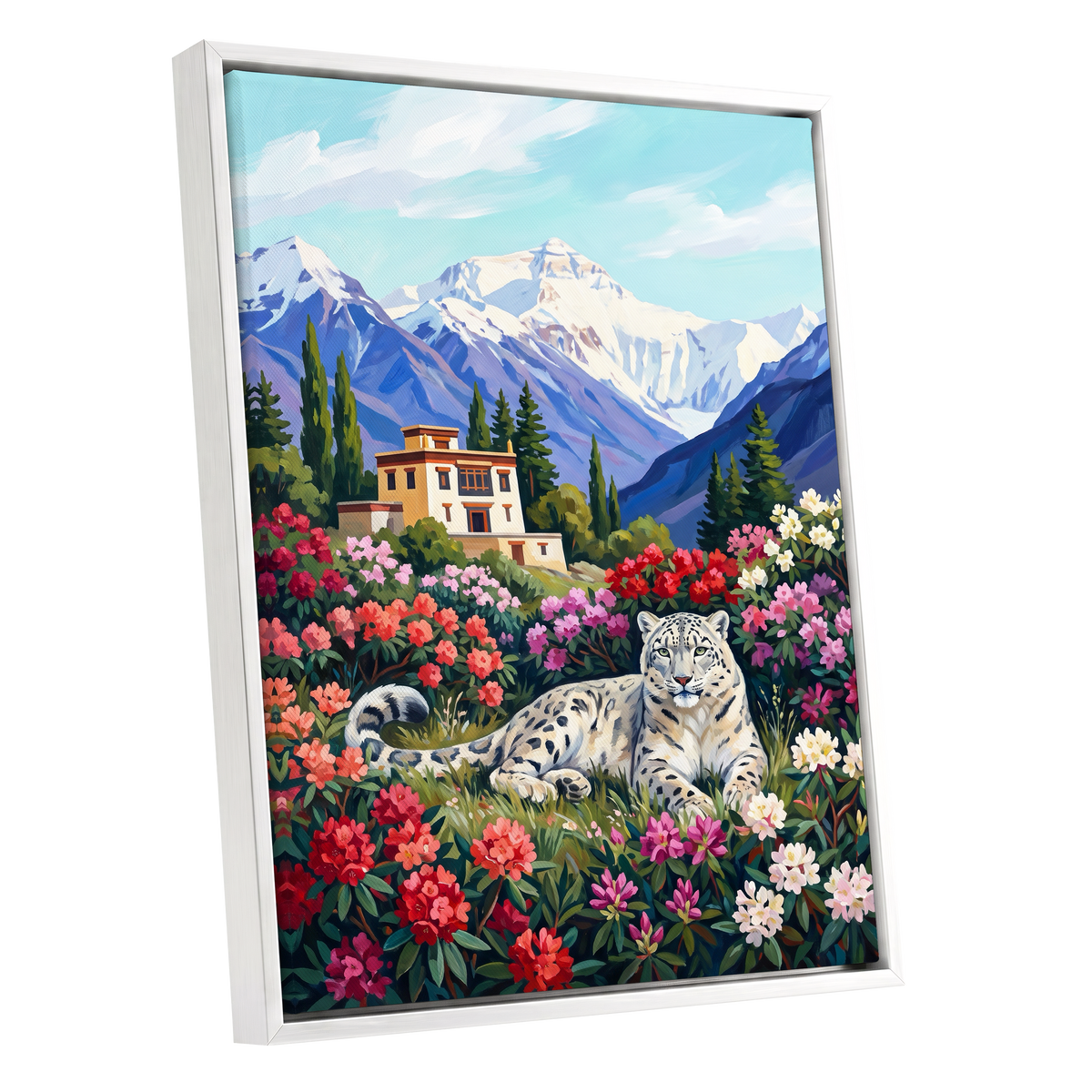 Snow Leopard Sanctuary, blue, green, white nature wall art shown as a white framed canvas wall art