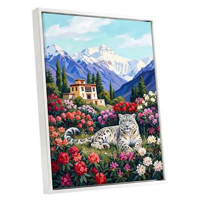 Snow Leopard Sanctuary, blue, green, white nature wall art shown as a white framed canvas wall art
