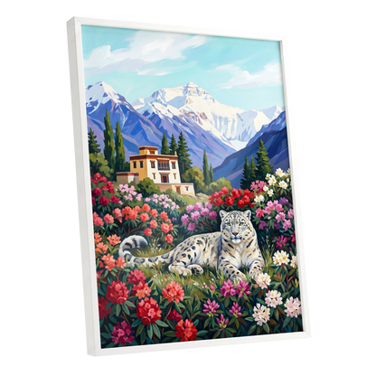 Snow Leopard Sanctuary, blue, green, white nature wall art shown as a white framed poster wall art print