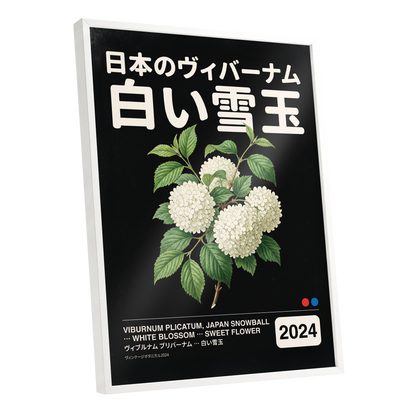 Snowball in Shiro, black, green, white floral wall art shown as a white framed poster wall art print