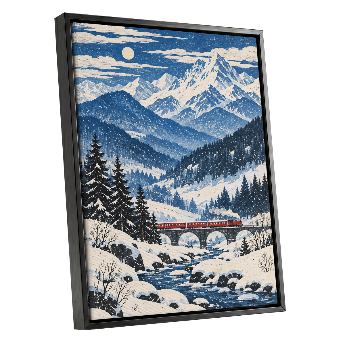 Snowbound Express, blue, white, beige nature wall art shown as a black framed canvas wall art