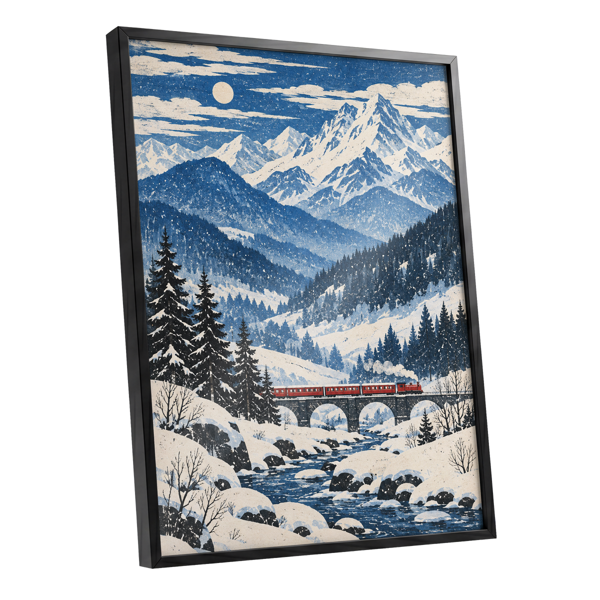 Snowbound Express, blue, white, beige nature wall art shown as a black framed poster wall art print