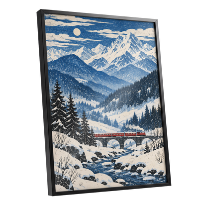 Snowbound Express, blue, white, beige nature wall art shown as a black framed poster wall art print
