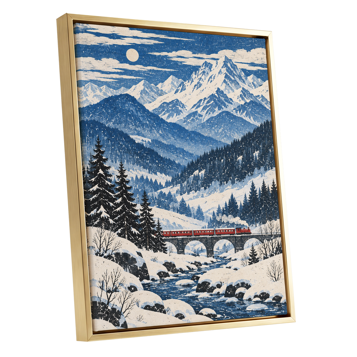 Snowbound Express, blue, white, beige nature wall art shown as a gold framed canvas wall art