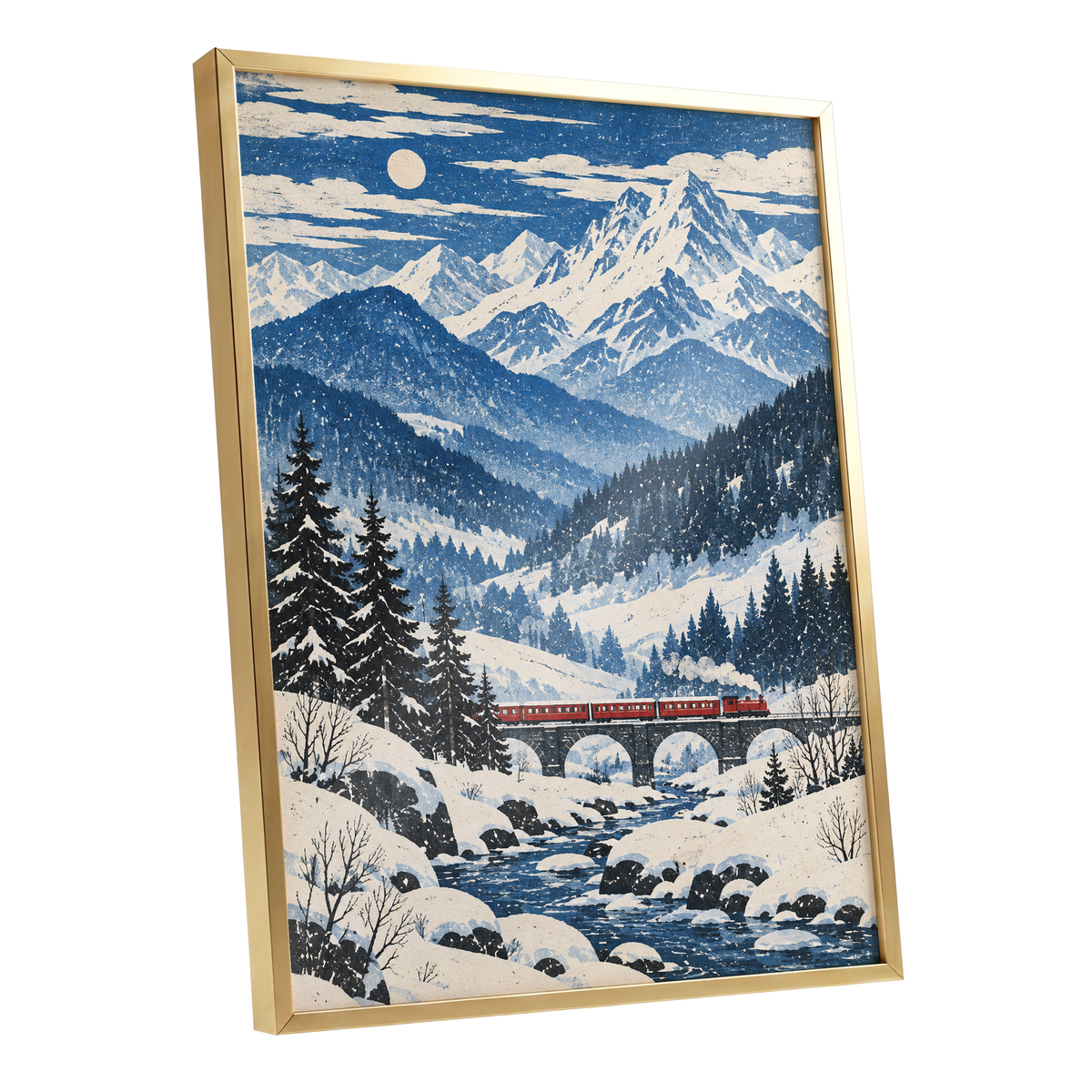 Snowbound Express, blue, white, beige nature wall art shown as a gold framed poster wall art print