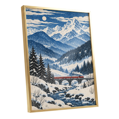Snowbound Express, blue, white, beige nature wall art shown as a gold framed poster wall art print