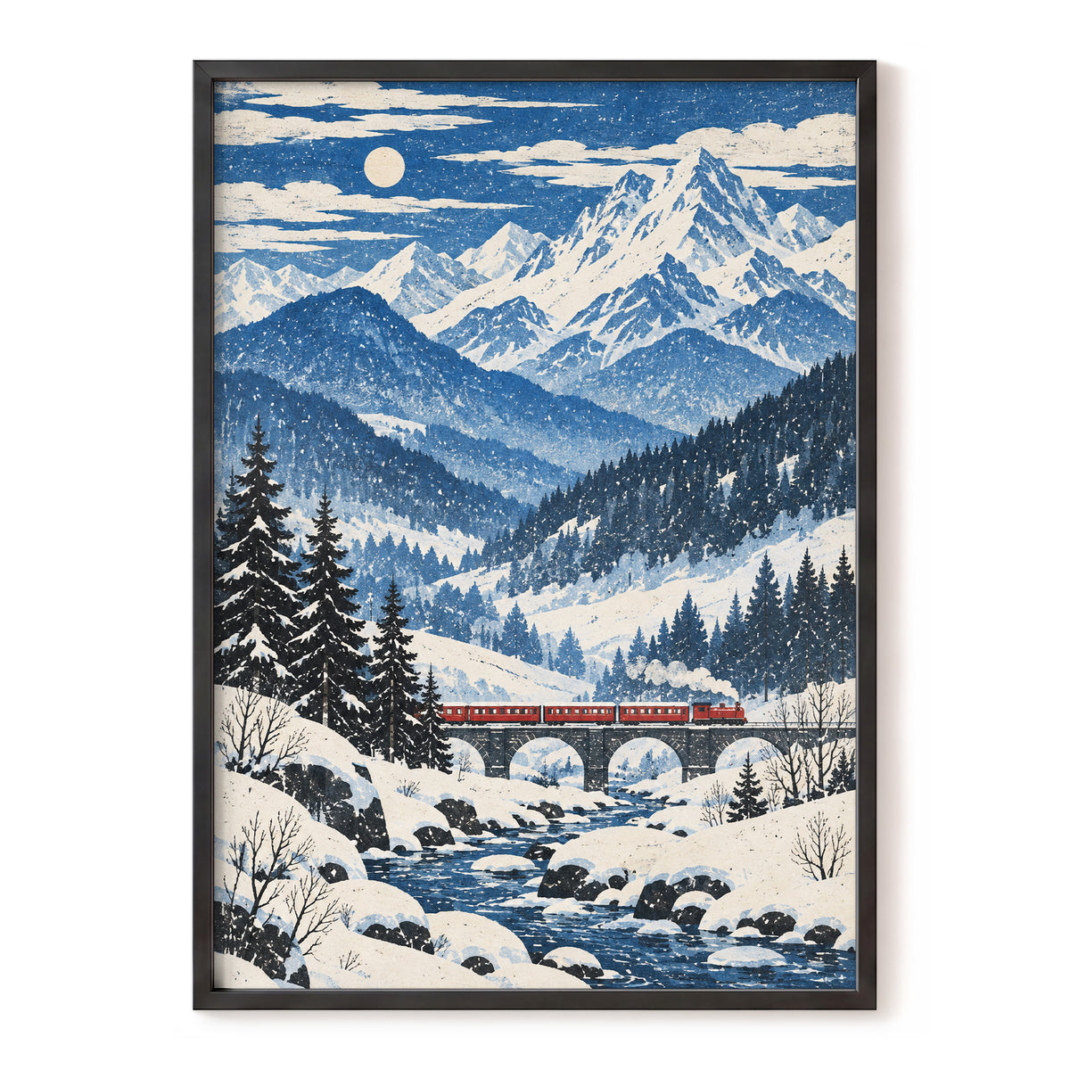 Snowbound Express, blue, white, beige nature wall art, front artwork view