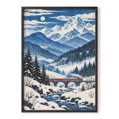 Snowbound Express, blue, white, beige nature wall art, front artwork view