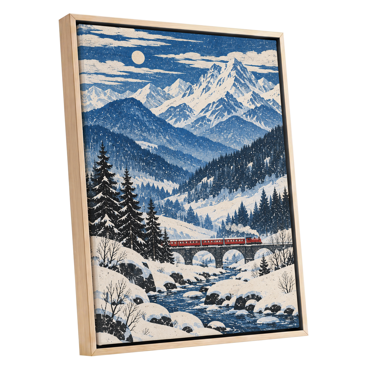 Snowbound Express, blue, white, beige nature wall art shown as a oak framed canvas wall art